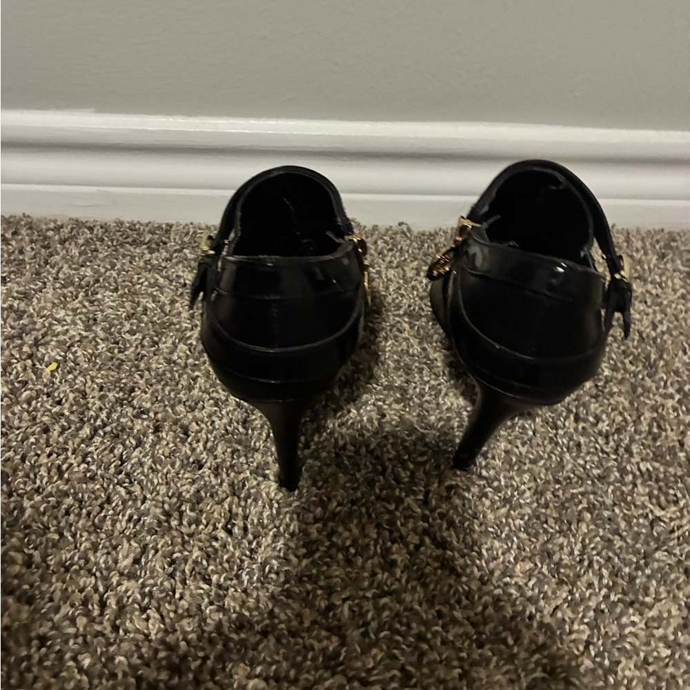 Ralph Lauren Black Patent High Heel Pumps with Gold Hardware